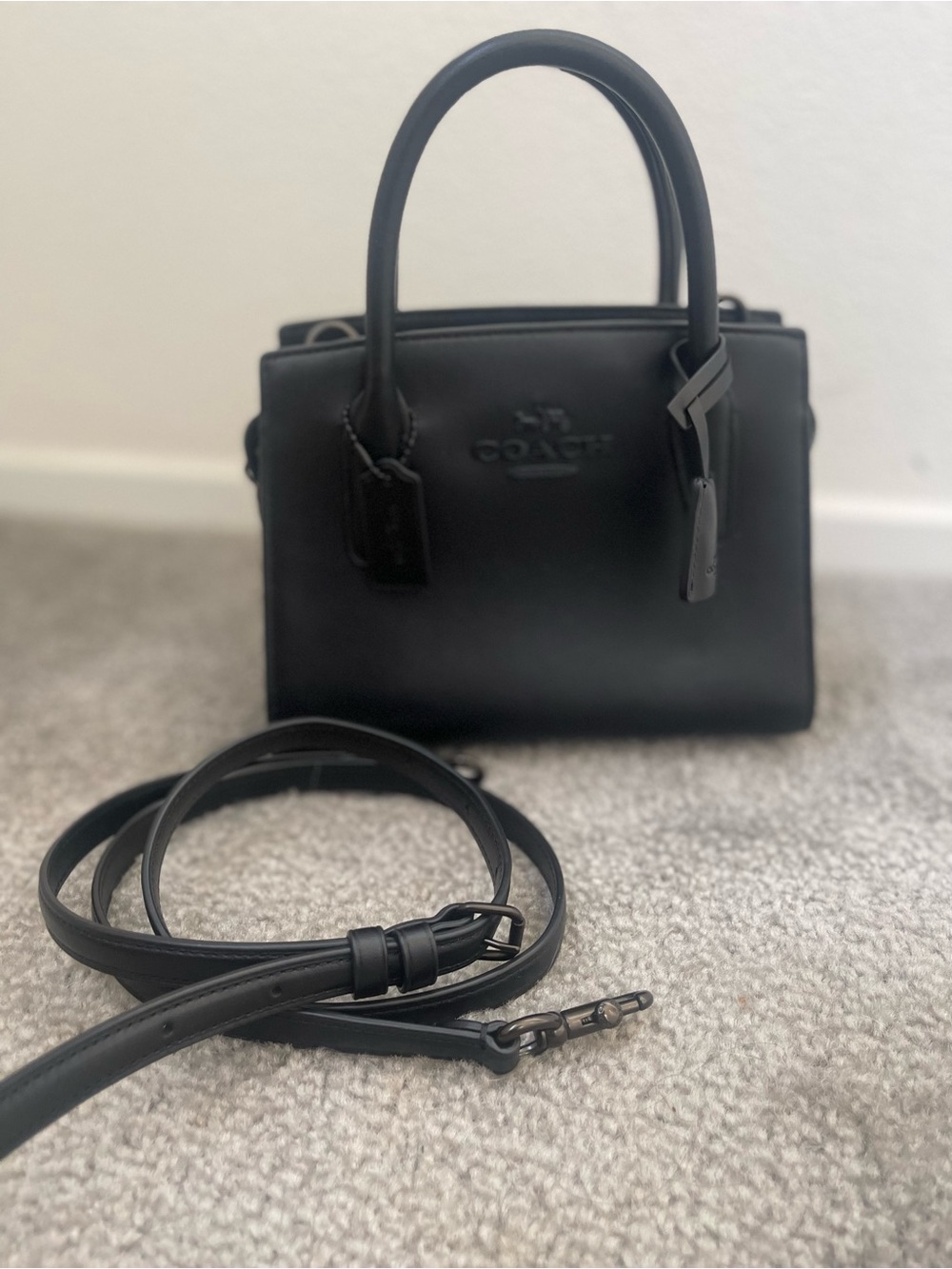 Andrea Coach Black Leather Small Satchel with Long Strap